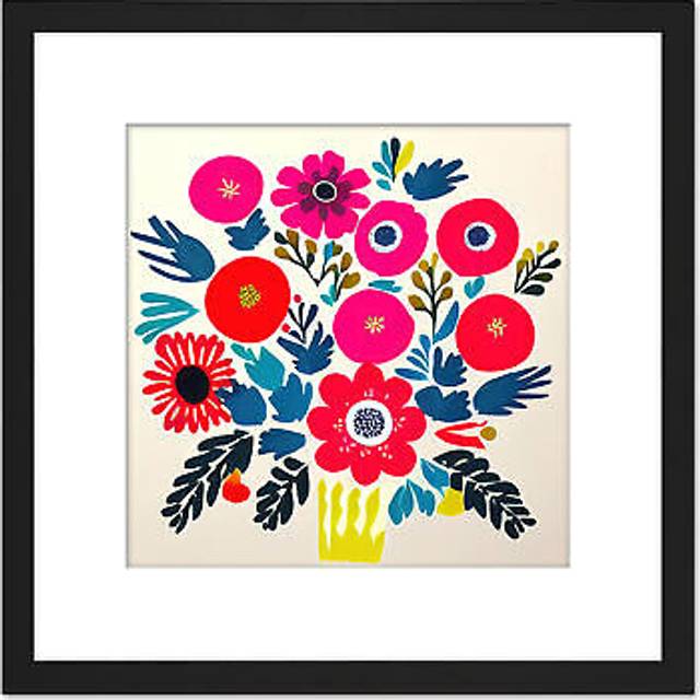 Abstract Bouquet Of Red And Pink Flowers In A Yellow Vase Square Wooden Framed Wall Art Print Picture 8X8 Inch - Black - One Size