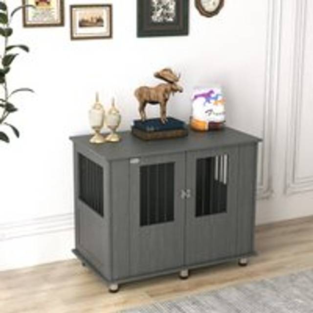 PawHut Dog Crate Kennel Cage for Medium Large Dog, Indoor End Table, Grey