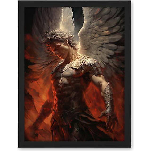 Wall Art Print Archangel Michael Powerful Warrior Conceptual Champion of Justice Armour Angel Wings Large Framed Wall Décor Art - Black - W18 inch x H - W18 inch x H24 inch