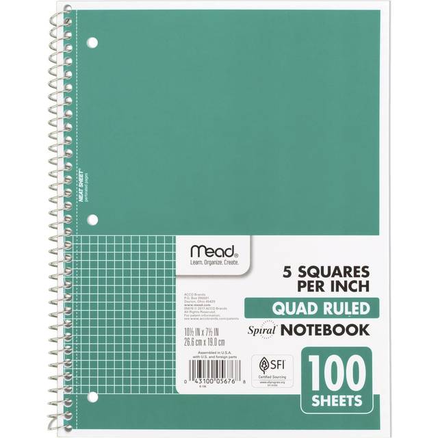 Mead Spiral Notebook  1-Subject  Graph Ruled Paper  7-1/2  x 10-1/2   100 Sheets  Green 05676AC5