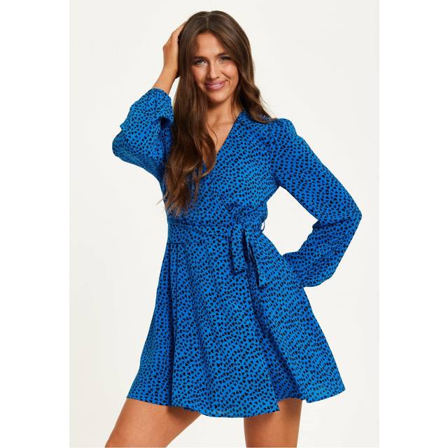 Womens Heart Print Mini Wrap Dress With Long Sleeves In Royal Blue - 8