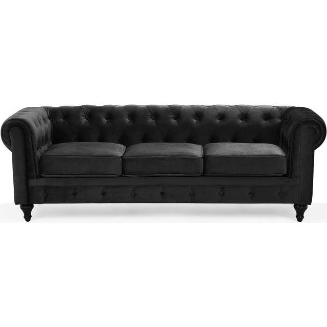 Beliani 3 Seater Velvet Fabric Sofa Black Chesterfield, Black