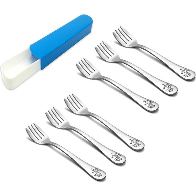 TeamFar Toddler Fork  Stainless Steel Toddler Utensils Forks Set of 6  Non Toxic & Healthy  Cute Animals & Attached Travel Case - Dishwasher Safe