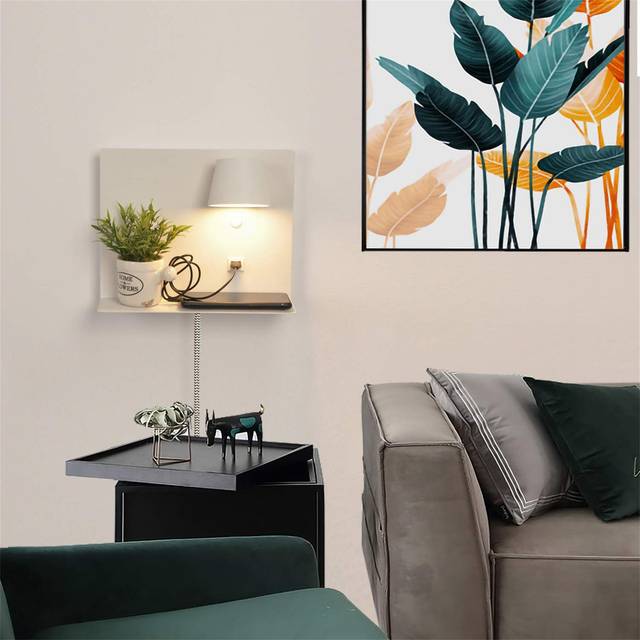 Wall Lights With USB Port Charging And Plug, White LED Wall Lamp With Shelf Plug In Cord Reading Lights For Bedside Adjustable Rotation Wall Lamp With (22cm H X 28cm W X 8cm D)