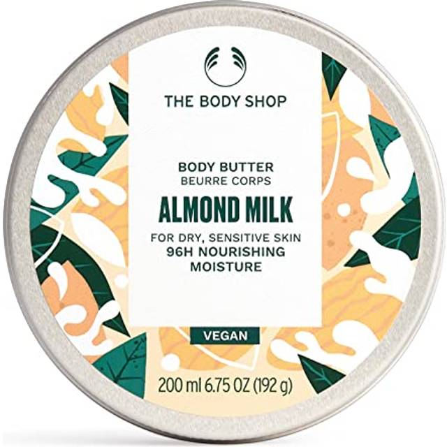 The Body Shop ALMOND MILK kroppssmör mandelmjölk för torr och känslig hud 96H fuktgivande sheasmör sesamolja vegansk kosmetika förpackning 200 ml