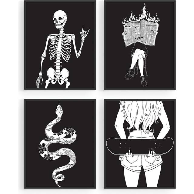 HAUS AND HUES Edgy Black and White Art Prints Set of 4 - Black and White Halloween Wall Art for Teen Girls  Gothic Bedroom Decor  Aesthetic Gothic Pos