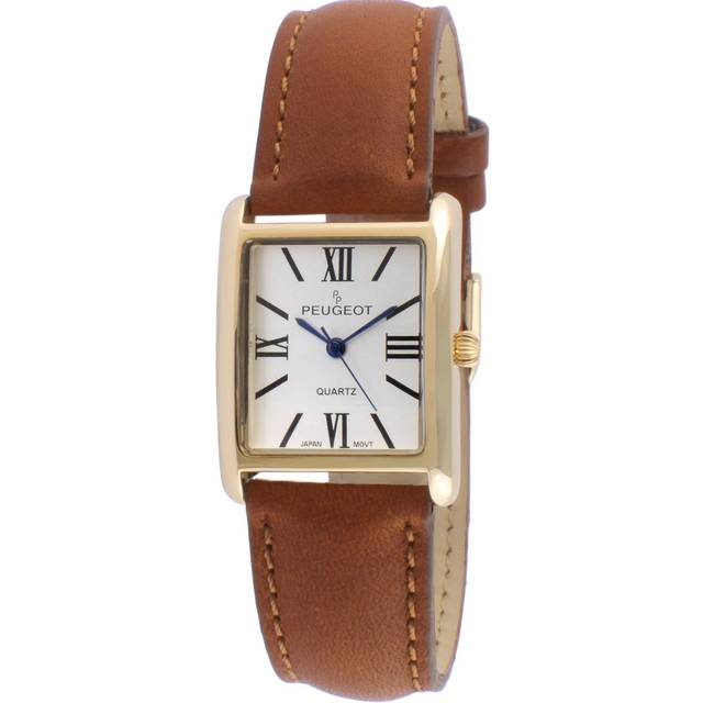 Peugeot Women's 14K Gold Plated Tank Leather Dress Watch with Roman Numerals Dial  Brown