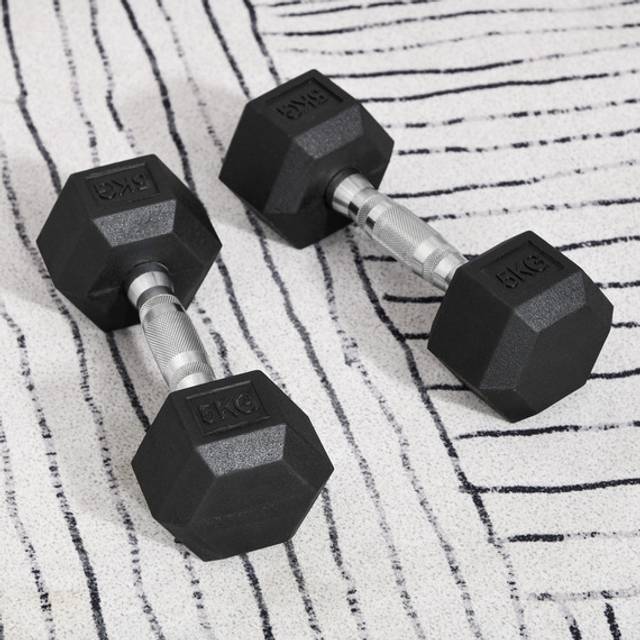 HOMCOM Hex Dumbbell Rubber Weights Sets - Black-2x5kg / 10kg
