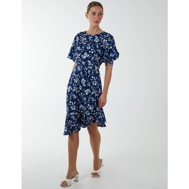 Womens Angel Sleeve Asymmetric Tier Midi Dress - Navy - 10