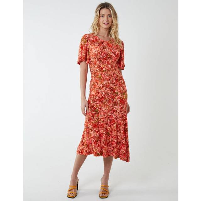 Womens Angel Sleeve Tiered Midi Dress - Orange - 12