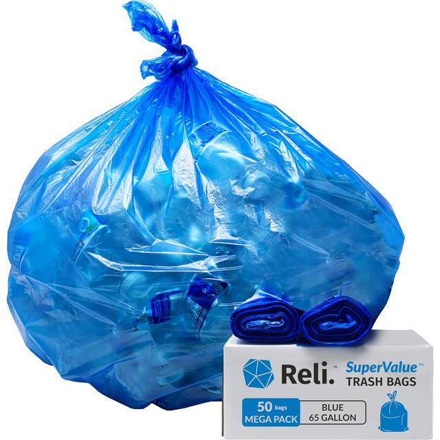Reli. SuperValue 65 Gallon Recycling Bags  50 Count  Blue Trash Bags