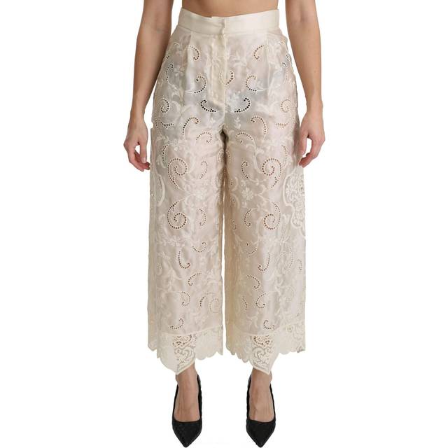 Dolce & Gabbana Cream Lace High Waist Palazzo Cropped Pants - IT44|L - cream (IT44|L)