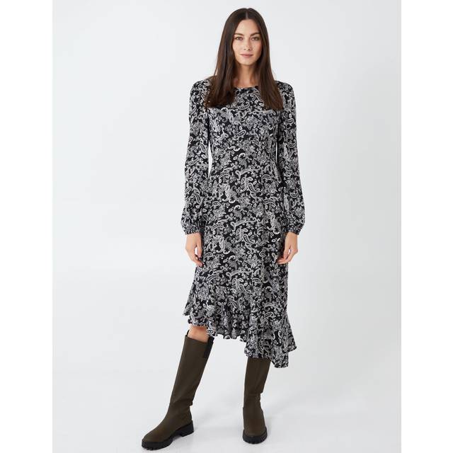 Womens Paisley Long Sleeve Asymmetric Midi Dress - Black - 14