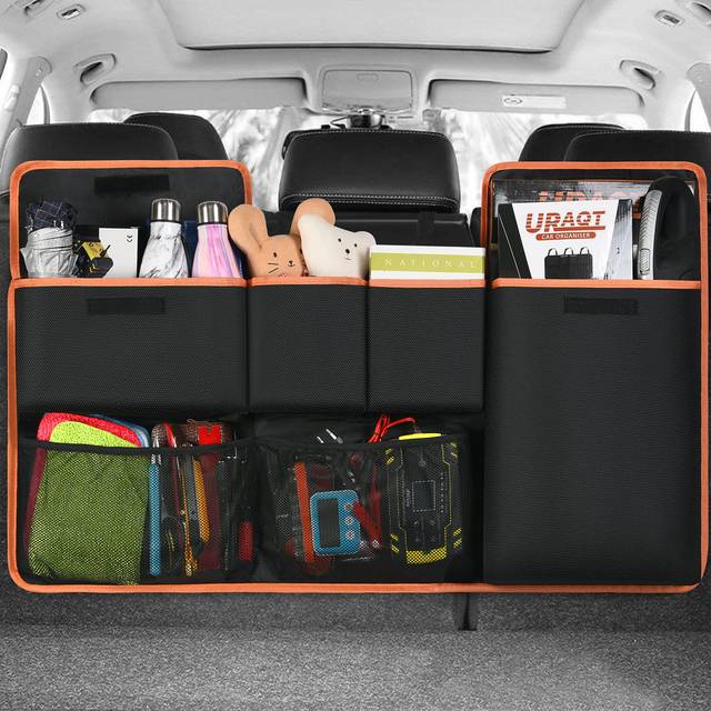URAQT Car Boot Organiser Waterproof Kick Mats Car Organiser Seat Back Protectors, Multi-Pocket Children's Travel Storage, Durable Foldable Cargo Net