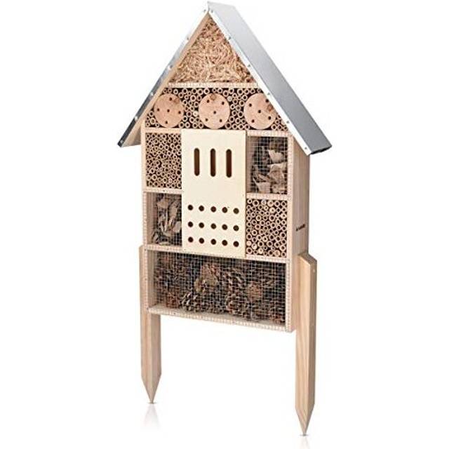 XL Wooden Insect Hotel 38 x 115 x 57 cm Natural Wood Insect House Garden Shelter Bamboo Nesting Habitat for Bees Butterflies Ladybirds