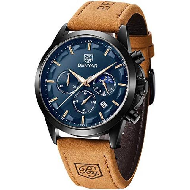 Watch for Men Benyar Men's Watch Chronograph Analogue Quartz Waterproof Business Black Fashion Quartz Wristwatches Calendar with Leather Strap