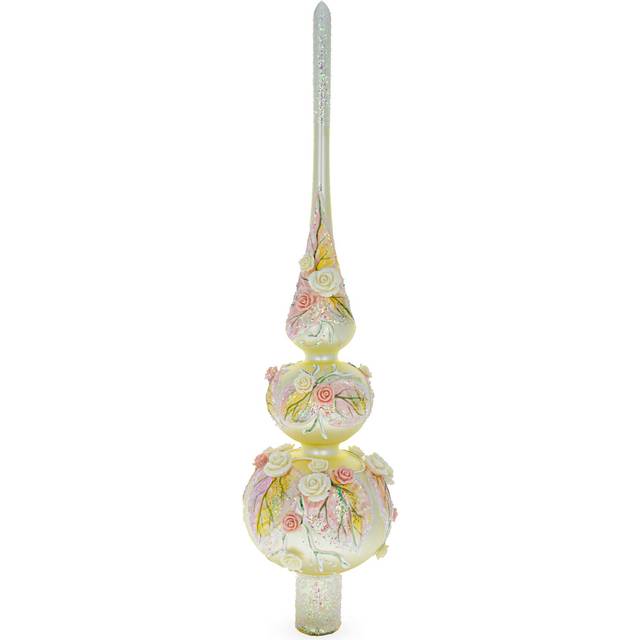 Dimensional Pink and White Roses Bouquet on Double Ball White Artisan Hand Crafted Mouth Blown Glass Christmas Tree Topper 12.5 Inches