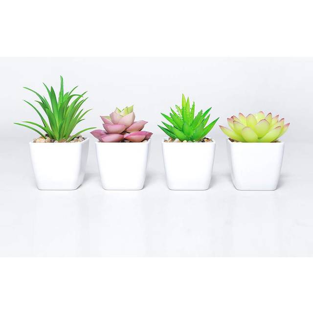 DuHouse Fake Succulents Plants Artificial Potted Faux Plant in Mini Square White Pots for Home Office Bathroom Desk Shelf Decor Set of 4(Green)