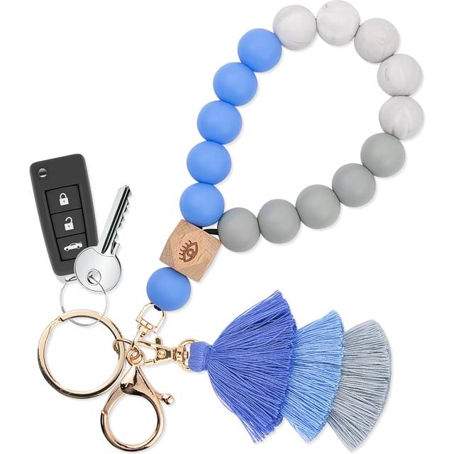 Bisanzoya Beaded Keychain with Tassel  Silicone Key Ring Bracelet  Boho Car Key Chain Wristlet Cute Tassel for Women and Girls (Blue)