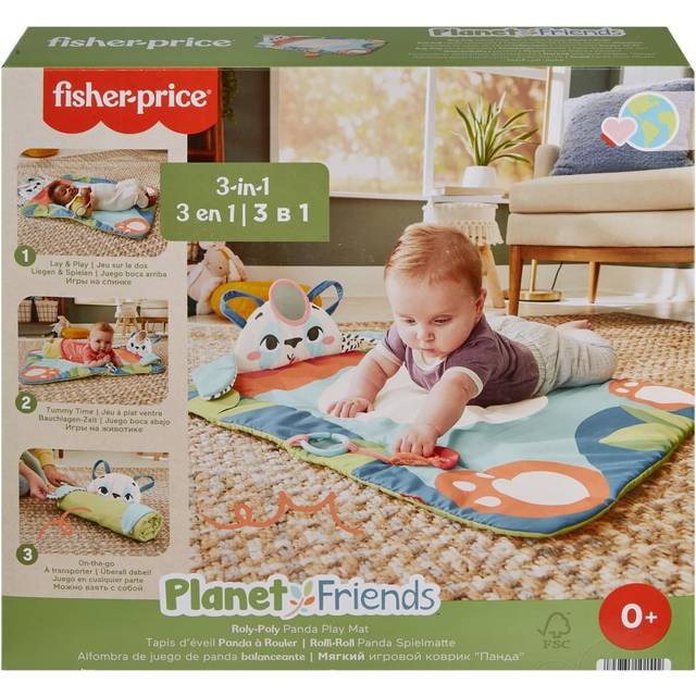 Fisher-Price-aktivitetsmatta för baby, Planet Friends Roly-Poly Panda med två leksaker för lek på mage, HKD65