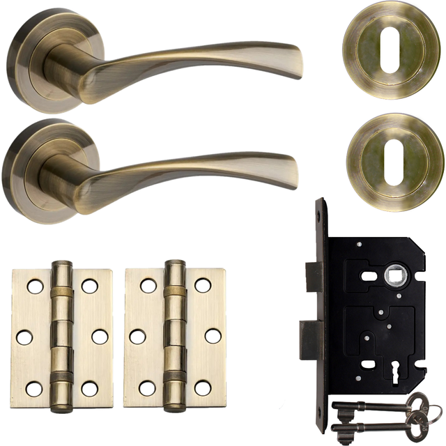 Marvel Lever on Rose Sashlock Door Handle - Antique Brass - Complete Door Pack - Designer Levers