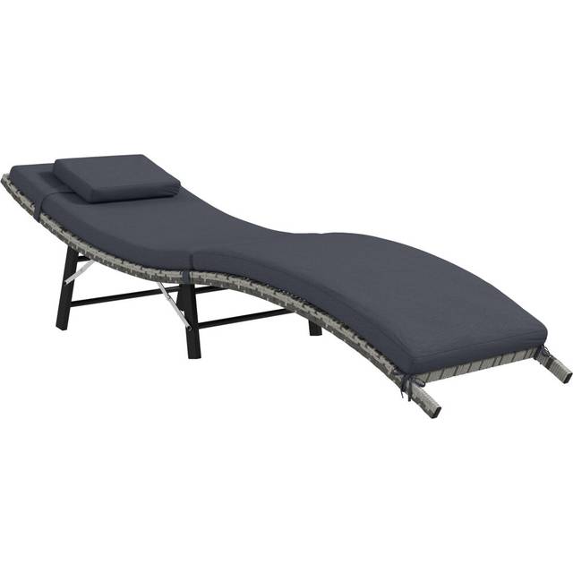 Outsunny Folding Rattan Sun Lounger with Cushion and Pillow - Grey | TJ Hughes