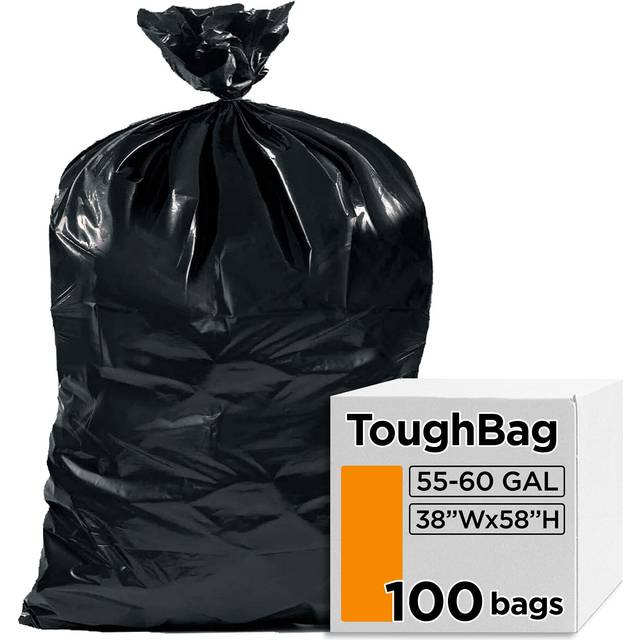 ToughBag 55-60 gallon soppåsar, 38 B x 58 H, 1,2 mil, svart, 100/fodral