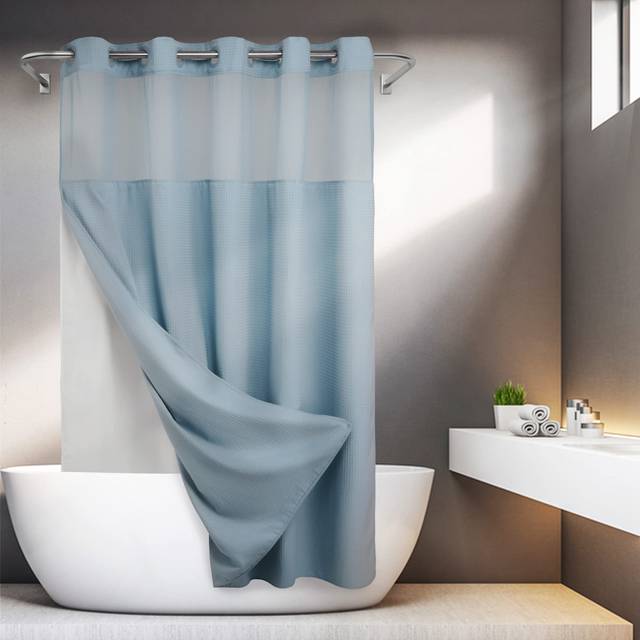 No Hooks Required Waffle Weave Shower Curtain with Snap in Liner - 71W x 74H Hotel Grade Spa Like Bath Curtain Blue