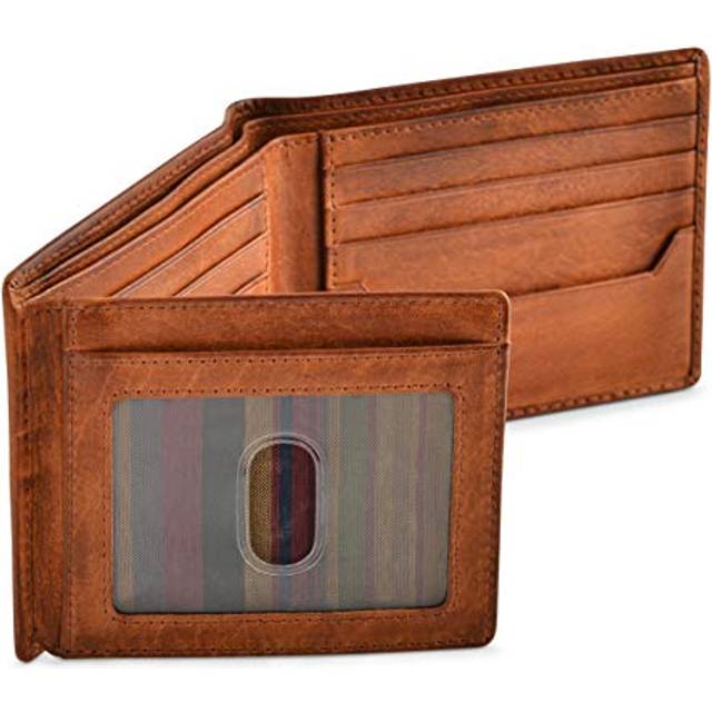 RFID Blocking Bifold Wallets for Men, Brown Full Grain Leather Credit Card Wallet with 2 ID Windows Premium Security and High Capacity