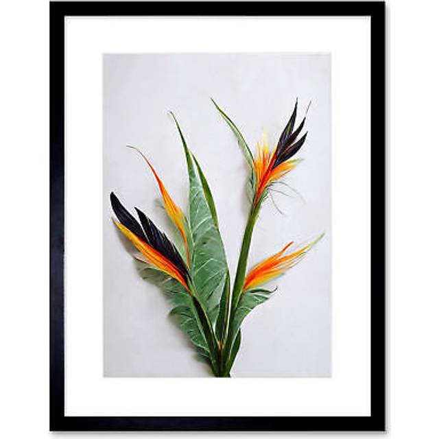 Wall Art Print Bird of Paradise Stem Leaves and Flowers Tropical Plant Botanical Artwork Framed 9X7 Inch - Black - W7 inch x H9 inch