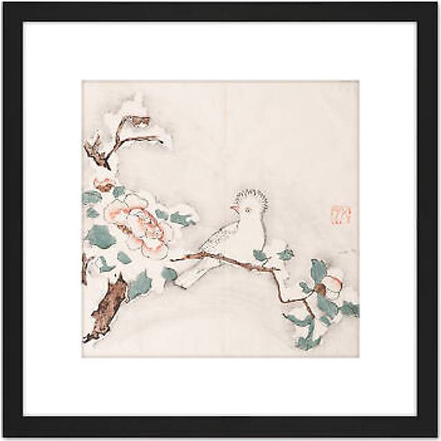 Zhengyan Shi Zhu Zhai Bird In Tree Painting 8X8 Inch Square Wooden Framed Wall Art Print Picture with Mount - Black - One Size