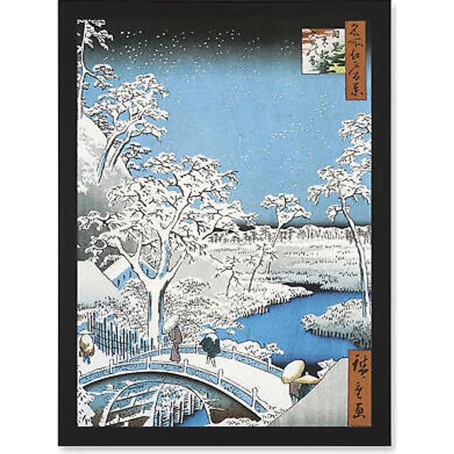 Japan Woodblock Winter Snow Scene Bridge Over River A4 Artwork Framed Wall Art Print - Black - One Size