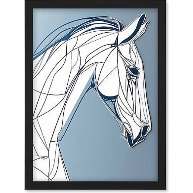 Horse Portrait White and Blue Minimal Illustration Artwork Framed Wall Art Print A4 - Black - One Size