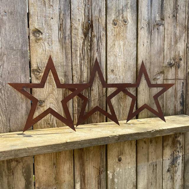 Star Plaques , Set of 3 , Feature , Garden Decor , Mantel Decoration - rusted - Brown