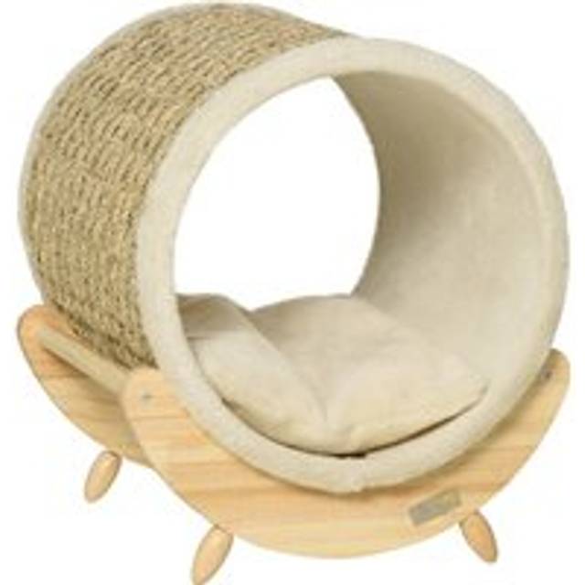 Pawhut Elevated Cat House, Kitten Bed, Pet Shelter, Wrapped With Scratcher, Soft Cushion, 41 X 38 X 43 Cm, Khaki