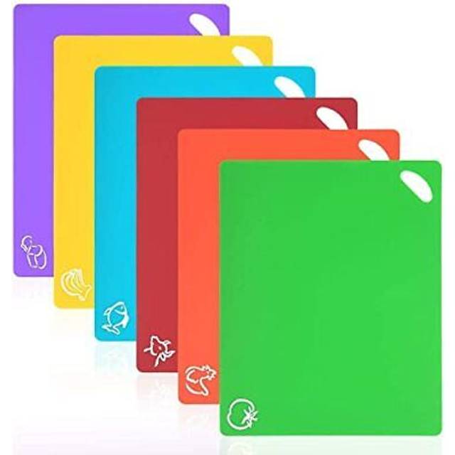 Vicloon Plastic Chopping Board Set, 6Pcs Flexible Kitchen Plastic Cutting Board Mats with Food Icons, Non Slip Antimicrobial Easy Hanging Boards,