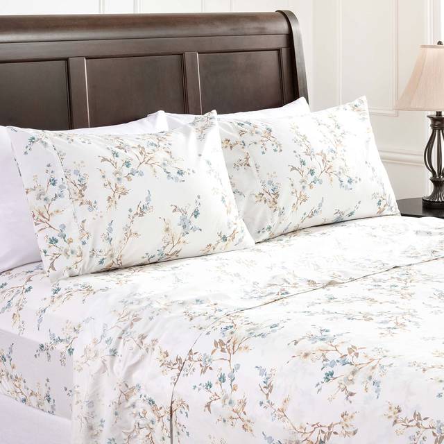 Chanasya Premium Traditional Floral Printed Elegant Patterned Queen Bed Sheet Set 4-Piece - 1 Flat Sheet 1 Fitted Sheet and 2 Pillowcases - Ultra Soft