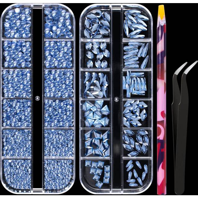 Multi Shapes Light Blue 3D Glass Crystal Nail Art Rhinestones Kit with Flatback Round Bead Charm Gem Stone Jewelry Diamond with Pickup Pen + Tweezer f