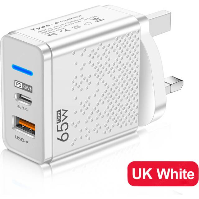 (UK Plug White) GaN 65W USB C Charger PD Type C Fast Charging Wall Adapter For iPhone 14 13 Xiaomi Samsung Macbook Quick Charge3.0 Phone Charger