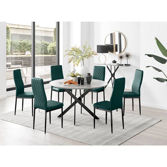 Tierra Modern Chrome Metal & Glass Round Dining Table Set with 6 Quilted Velvet Chairs - Black (6)