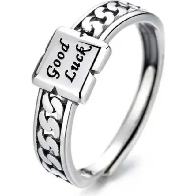 925 Sterling Silver for Women Ring Retro Creative Good Lucky Letter Couple Ring Silver Opening Adjustable Size Ring - White