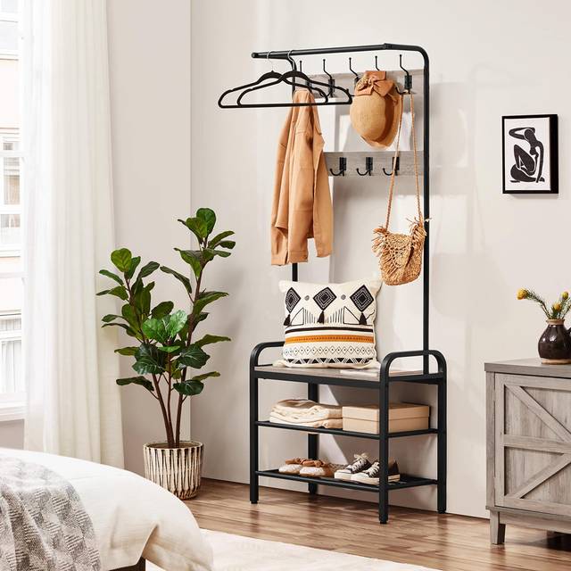 Freestanding Coat Stand with Storage - Black (182.5cm H X 71.5cm W X 34cm D)