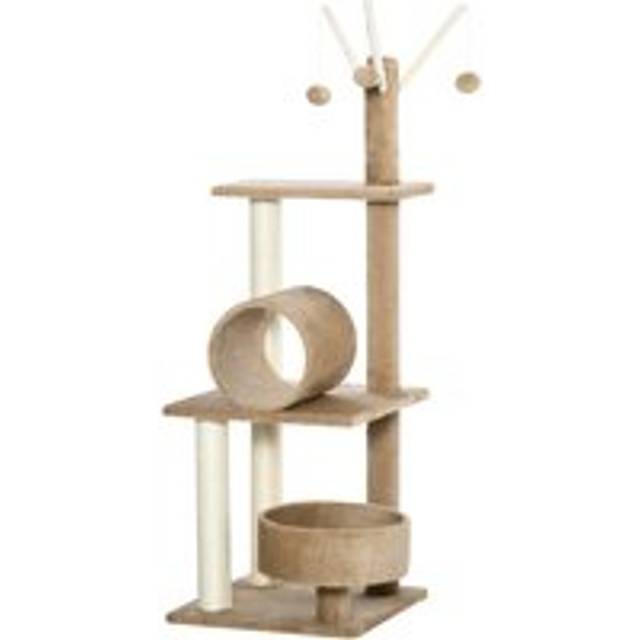 PawHut Cat Tree Tower, 121cm Kitten Activity Centre with Scratching Post, Bed Tunnel Perch, Interactive Ball, Brown Aosom UK
