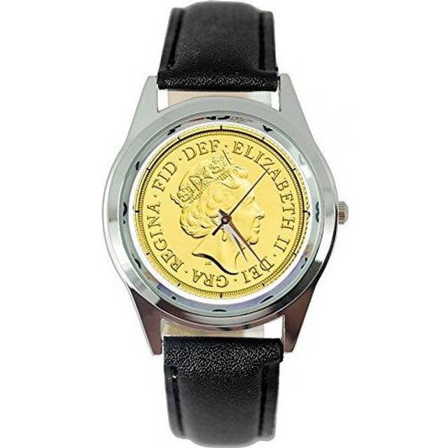 Queen Elizabeth Gold Coin Quartz Round Watch Real Leather Band Dial Black