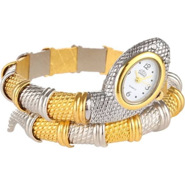Snake Shape Bracelet Diamonds-plated Quartz Watch (White Dial Interval Gold)