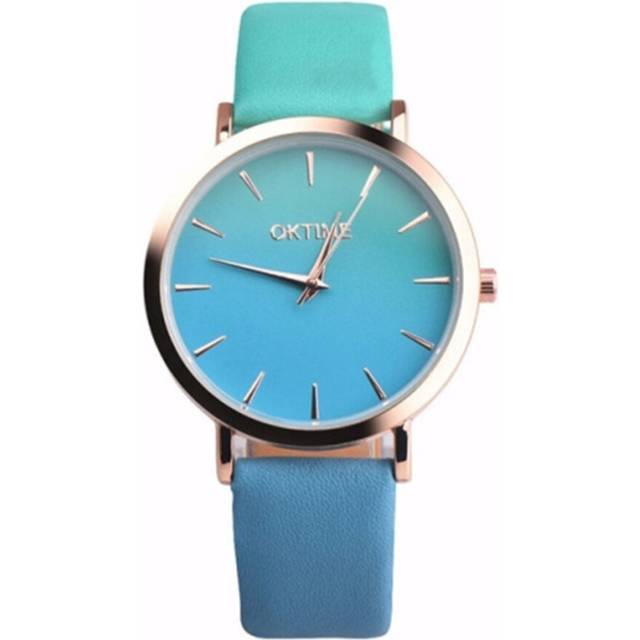 2 Pcs Retro Gradient Design Leather Belt Quartz Watch For Men / Women(The Rose Gold Shell Is Green Under The Blue)