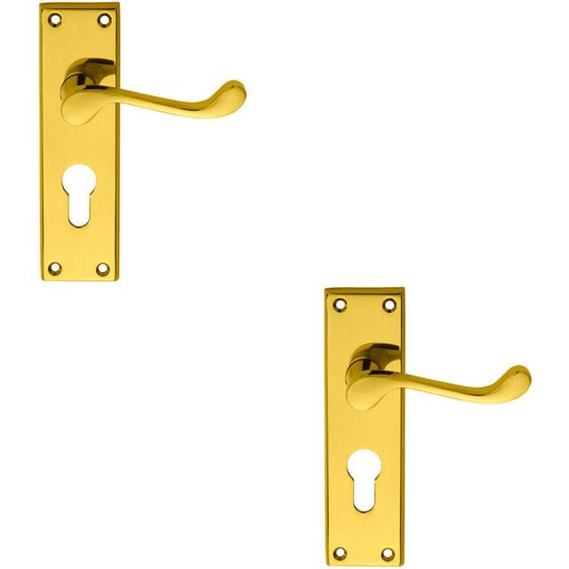 2x PAIR Victorian Scroll Lever on Euro Lock Backplate 150 x 43mm Polished Brass