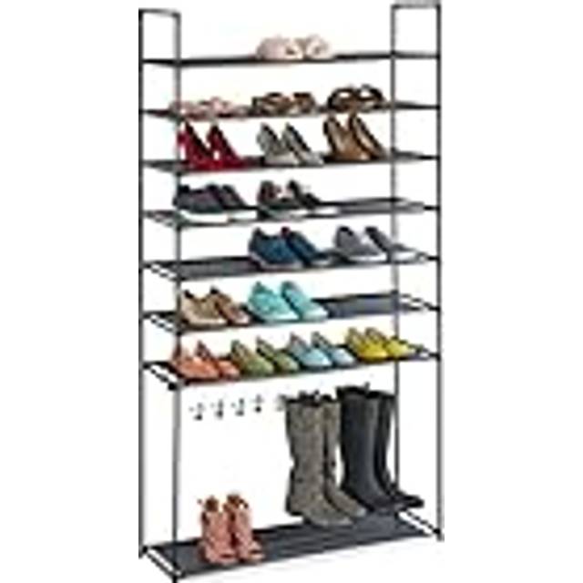 Relaxdays - Shoe Rack 8 levels, Metal & Fabric, Hallway Storage, Plug-in System, 32 Pairs of Shoes, 7 Boot Hooks, Black