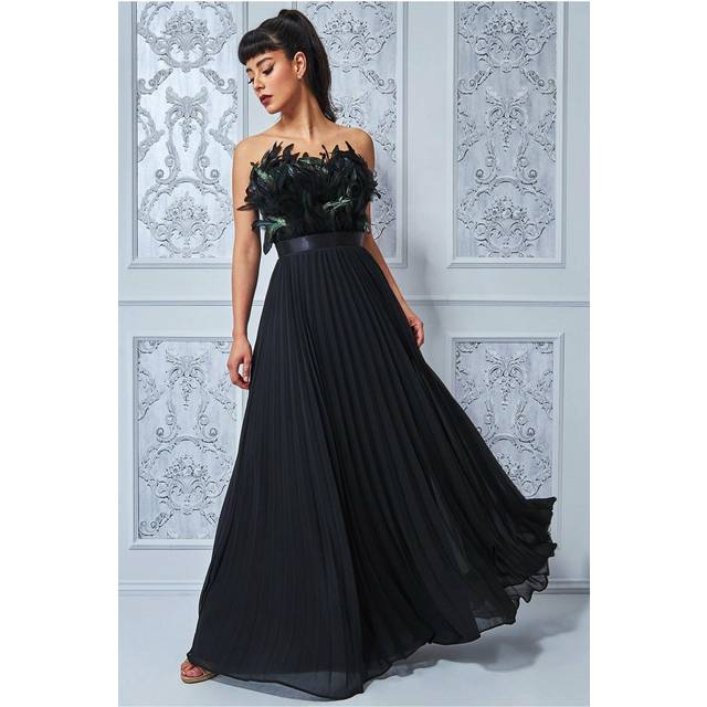 Goddiva Feather Off The Shoulder Pleated Evening Maxi Dress - Black - 14