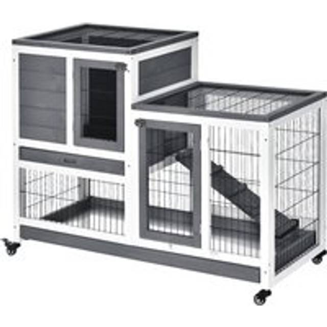 Pawhut Wooden Indoor Guinea Pigs Hutches Elevated Cage Habitat With Enclosed Run With Wheels, Ideal For Rabbits And Guinea Pigs, Grey And White